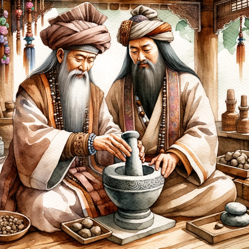 DALL·E 2023-10-15 14.23.00 - Watercolor painting of ancient healers in traditional attire using shilajit in a traditional medicinal setting with mortar and pestle